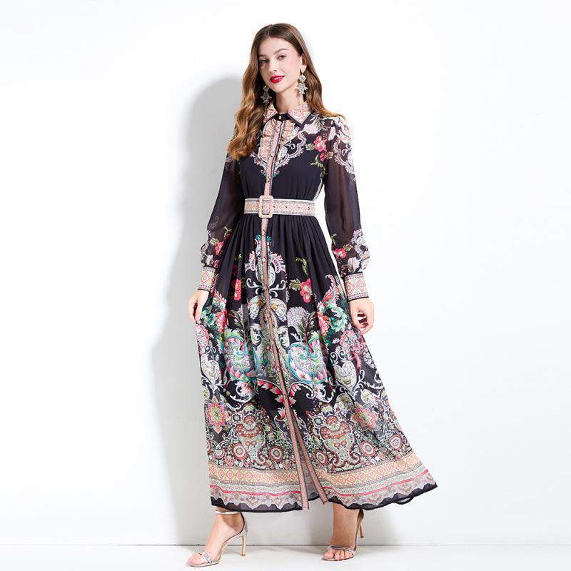 Original Design SS '25 Chiffon Blouse & Waist-Gathering Ruffle Long Dress Set with Collar Print, Long Sleeves.