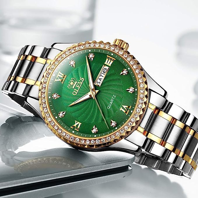 OLEVS Men's Business Watch with Metal and Stainless Steel Band, Analog Display, Stylish Casual Watch (Silver-White with Green Dial)