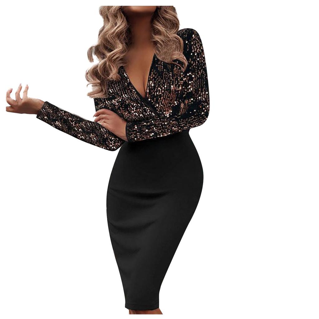 Ladies Deep V Sexy Fashion Folded Sequins Packed Hip Long Sleeve Long Dress