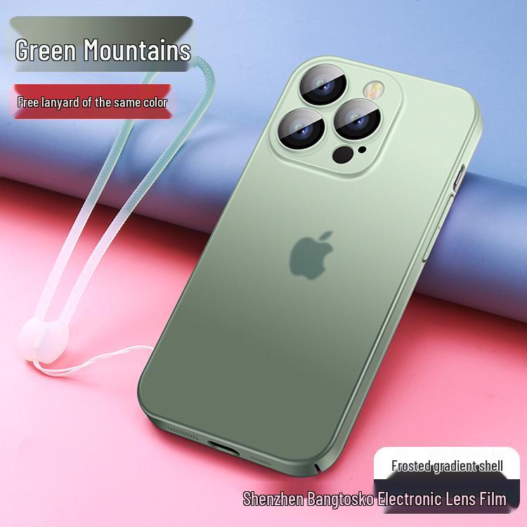 iPhone 15 Gradient Frosted Skin-Feel Full-Cover PC Hard Shell Case with Lanyard - Apple 14 Anti-Fall Protective Cover.