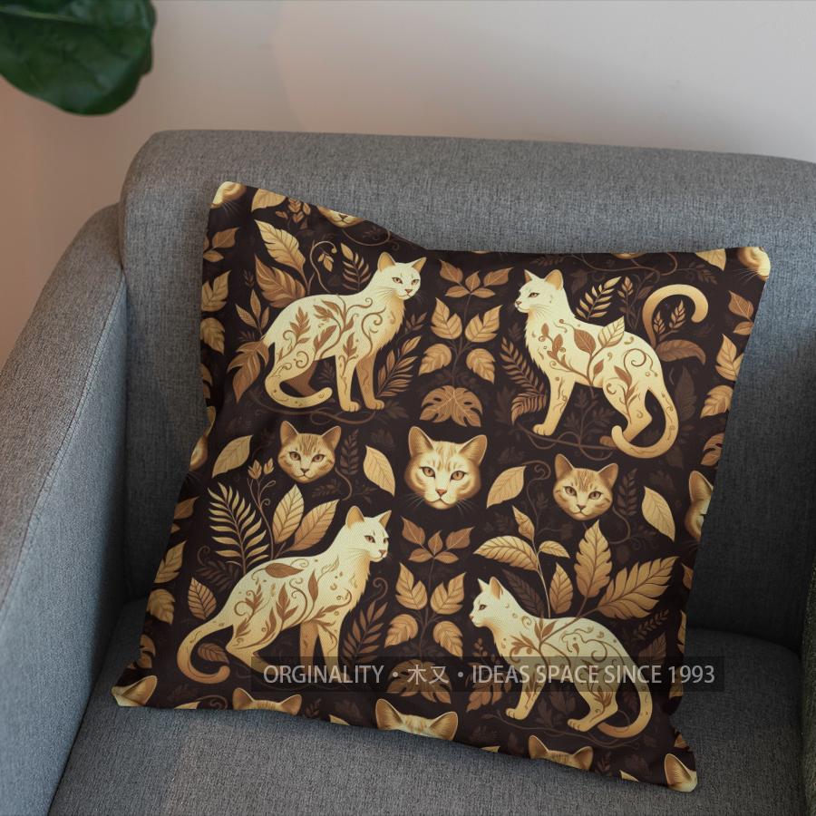 2D Golden Cats On Berry Branches Pillow Cover Pattern Cushion Cover Suitable For Sofa Bedroom Car Pillow Cover