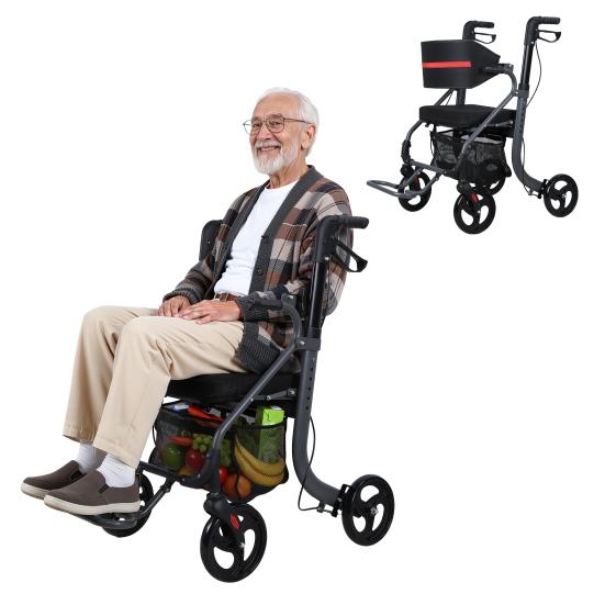 Walkers for Seniors, 8" Big Rubber Wheels All Road Rollator Walker with Seat, Foldable Height Adjustable Rolling Walker, Lightweight Aluminum Alloy