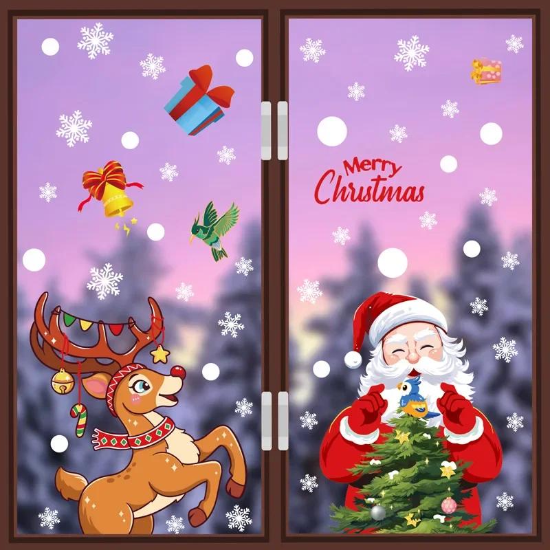 2025 Removable Christmas PVC Static Sticker Santa Elk Window Stickers Beautify Snowflake Wall Decals New Year Party Glass Paste
