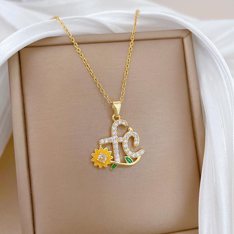 Fashion Zircon Fc Letter Zircon Daisy Pendant Necklace for Women Girls Sweet Stainless Steel Chain Jewelry Accessory Gifts