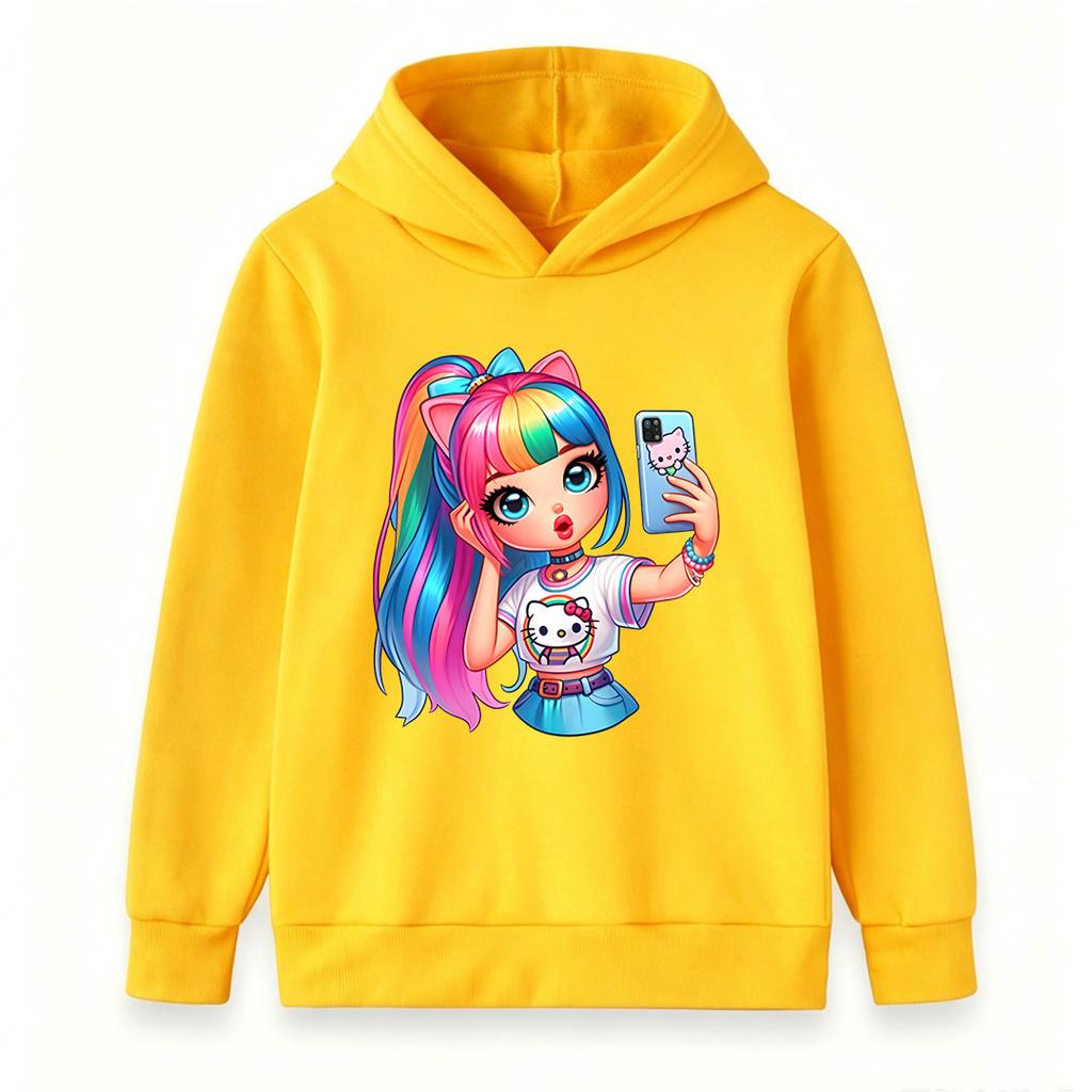 Kids Boys Girls Cute Rainbow Hair Cat Ear Girl Print Pullover Hoodie Casual Long Sleeve Comfortable Hooded Sweatshirt For Daily School Outdoor Party