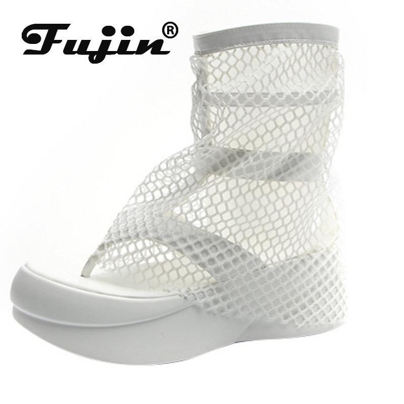 

Fujin сандалии до середины икры с воздушной сеткой, 6 см, модные женские дышащие летние тапочки на платформе, высокие брендовые ботильоны на танкетке 34 белый