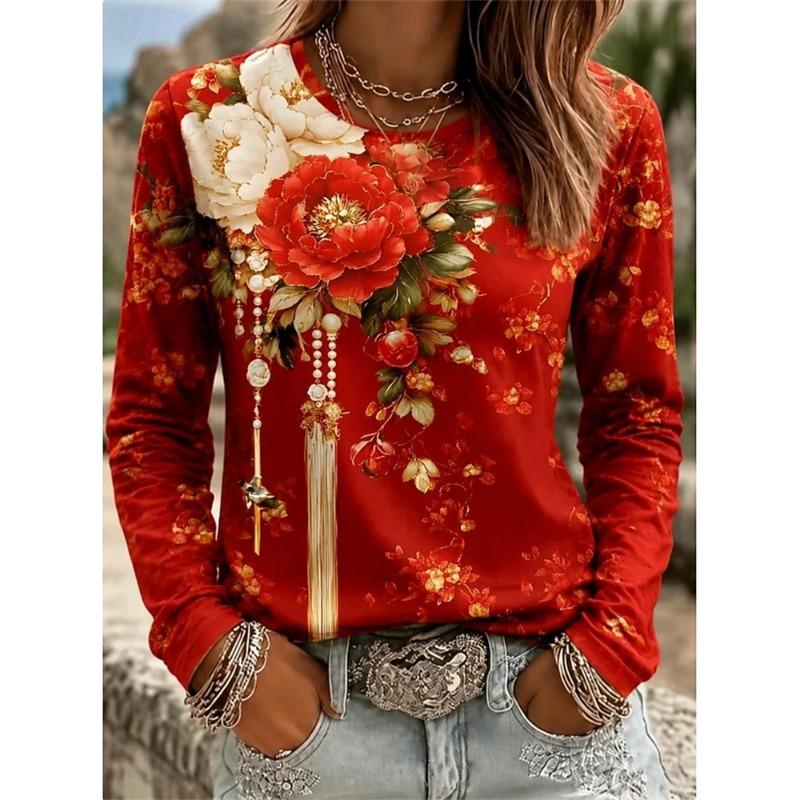 2026 Herbst Neues Damen Langarm Rundhals Lässiges T-Shirt mit Buntem Blumendruck Pflanzenelementen Outdoor Chic Top