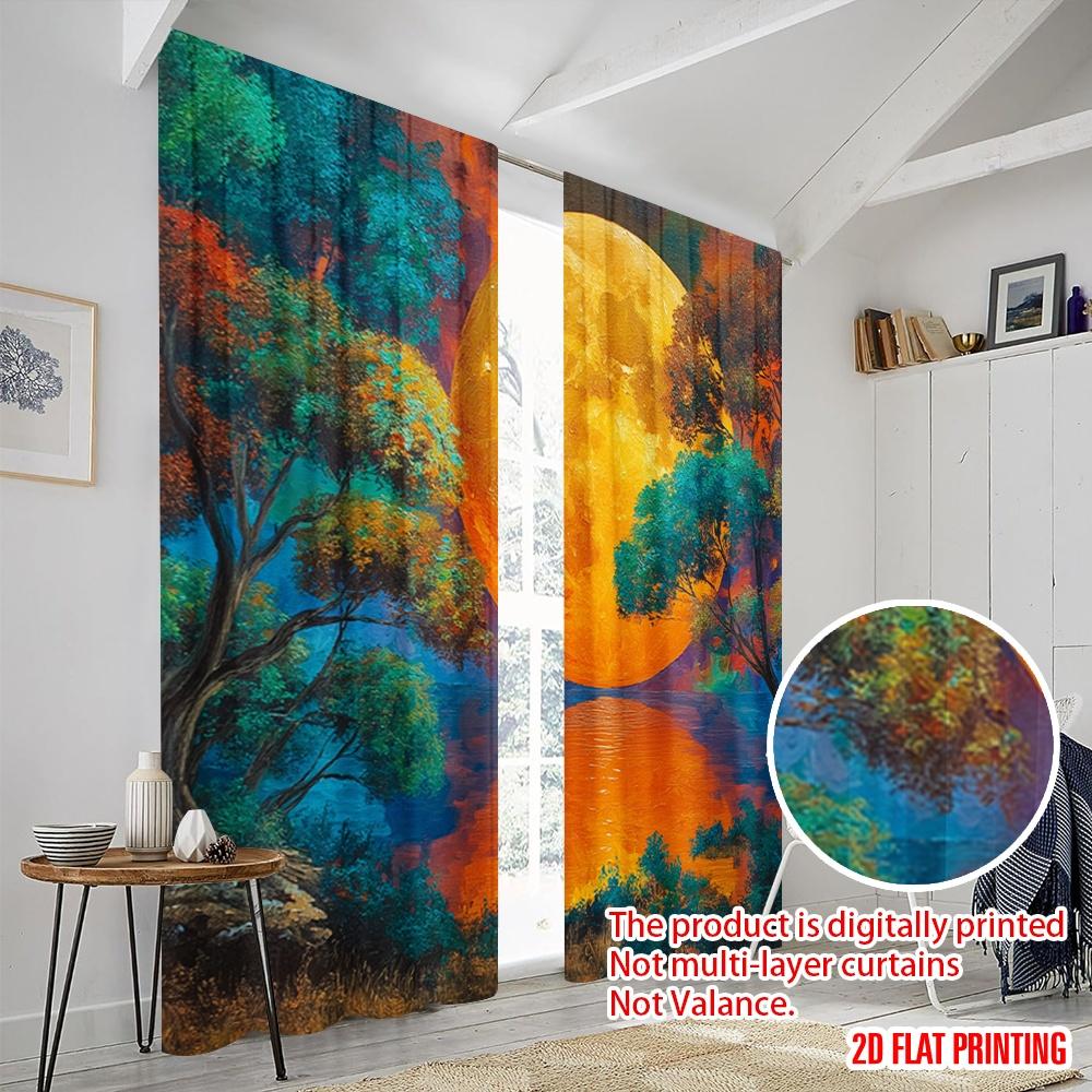 2pcs,2D Plane Printing Window Curtain Moonlit Canvas Polyester Woven (without Rod) Holiday for Bedroom, Living Room, Office