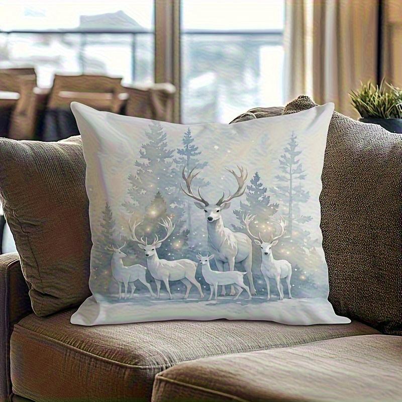 Winter-Patterned Deer-Print Pillowcase, Made Of Polyester, Machine Washable, Suitable For Bedroom And Living Room Decoration.