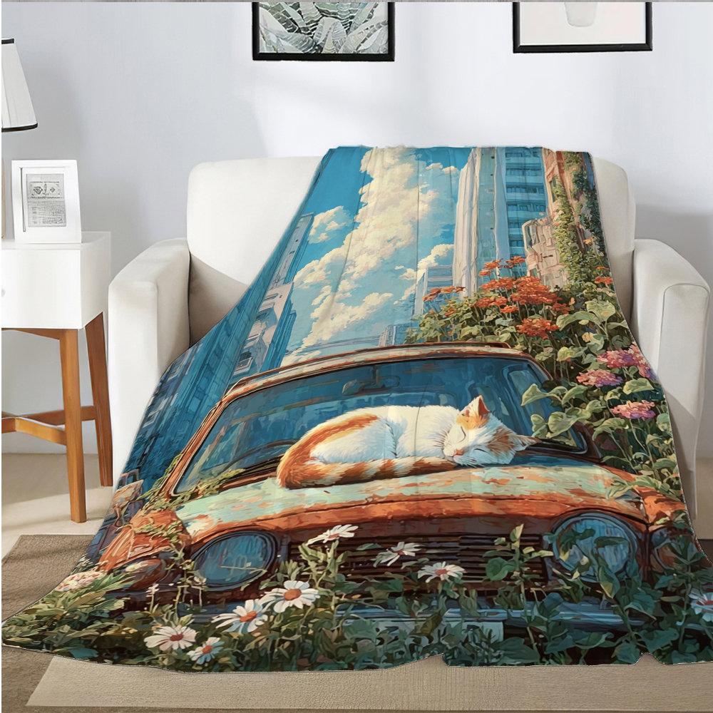 cat is sleeping in the old car Flannel printed blanket suitable for all seasons suitable for living room office sofa and travel