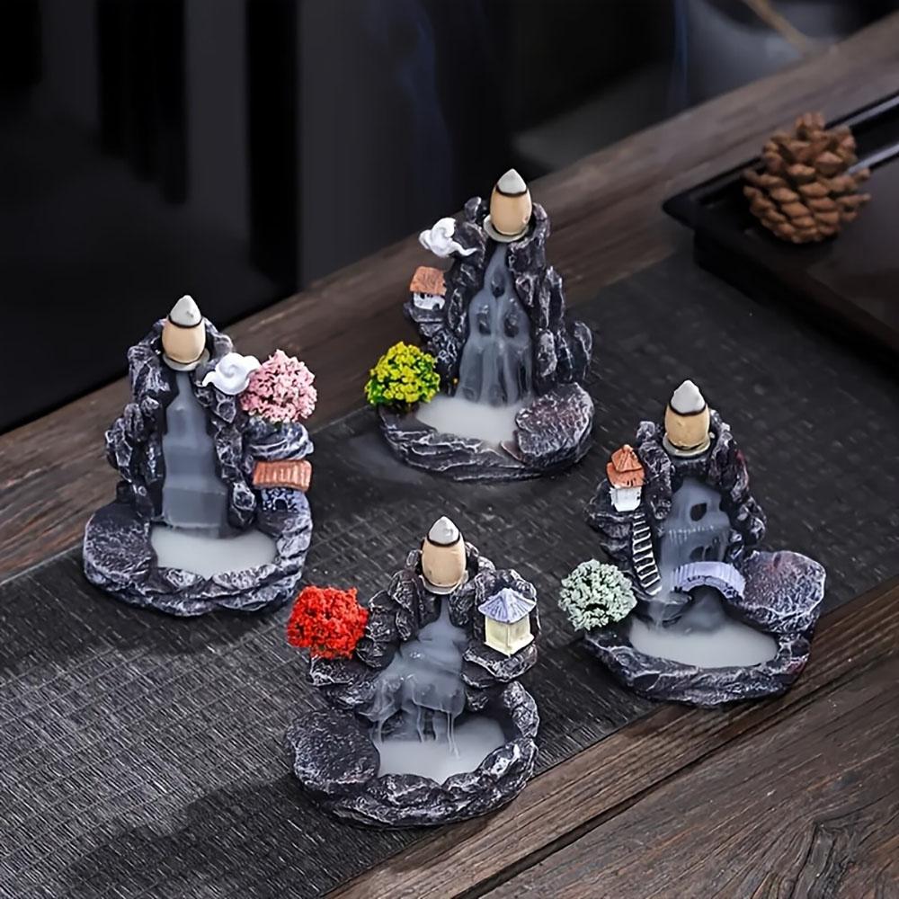 1Pc Unique Creative Mountain Waterfall Incense Burner Backflow Aromatherapy Resin Waterfall Incense Burner Statue Ornament Home Decoration Holiday