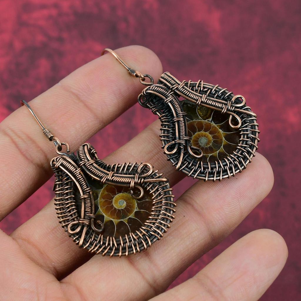 Ammonite Fossil Earring Copper Wire Wrapped Earring Unique Earrings Copper Jewelry Handmade Gemstone Earring Gifts For Her Wire Wrap Jewelry