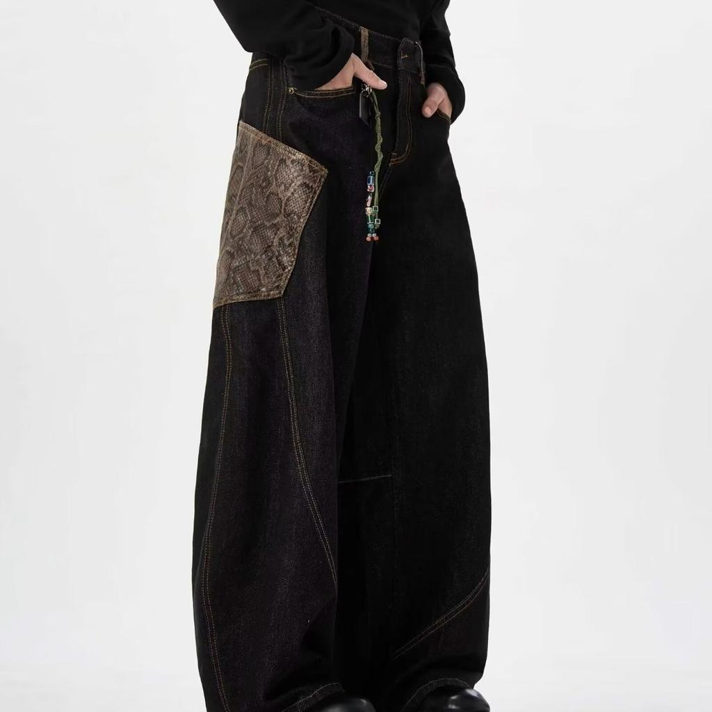 Year of the Snake Limited Scimitar Python Black Jeans Wide Leg Men's and Women's Pants American Loose Mopping Casual Pants Straight Pants