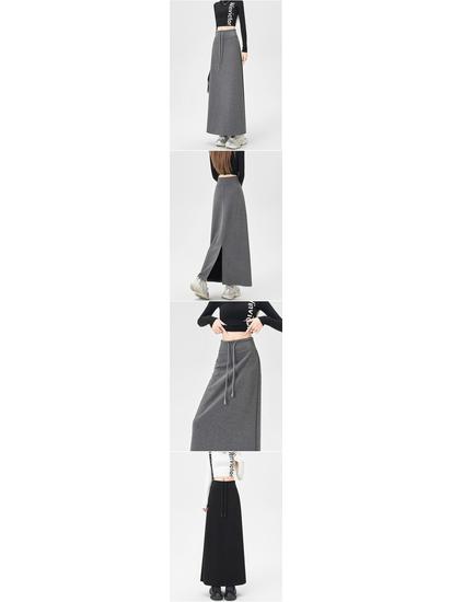 Women's Gray High Waist A-line Midi Skirt - Autumn Sporty Style with Straight Slit and Draping
