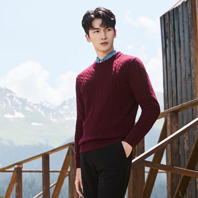 Qipai Men's Pure Wool Double-Layer Round Neck Pullover Sweater