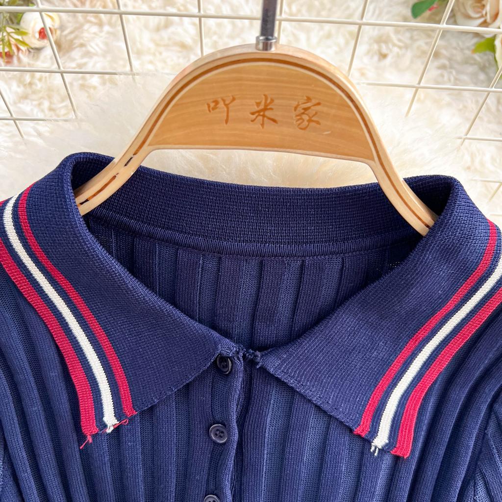 Summer Women College Style Knitted Sweater Two Piece Set Girl Polo Collar Pullover Top and Mini Pleated Skirt Suit