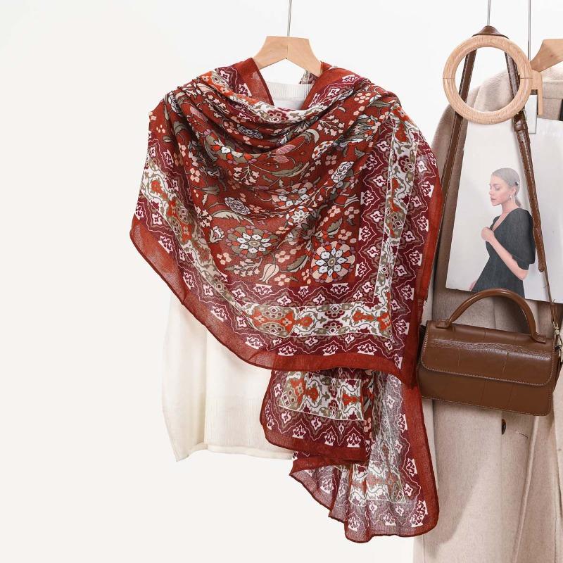 Women's Retro Cotton and Linen Printed Scarf Versatile Size Sunscreen Long Yarn Shawl E-commerce