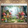 1 Charming Fairytale Garden Background Cloth, Polyester Banner with Colorful Mushroom House, Butterflies and Wildflowers