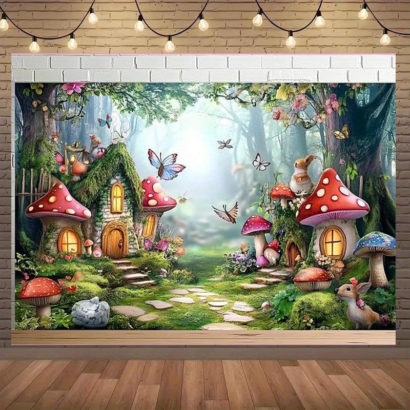 1 affascinante sfondo per giardino fiabesco, banner in poliestere con casetta a fungo colorata, farfalle e fiori di campo