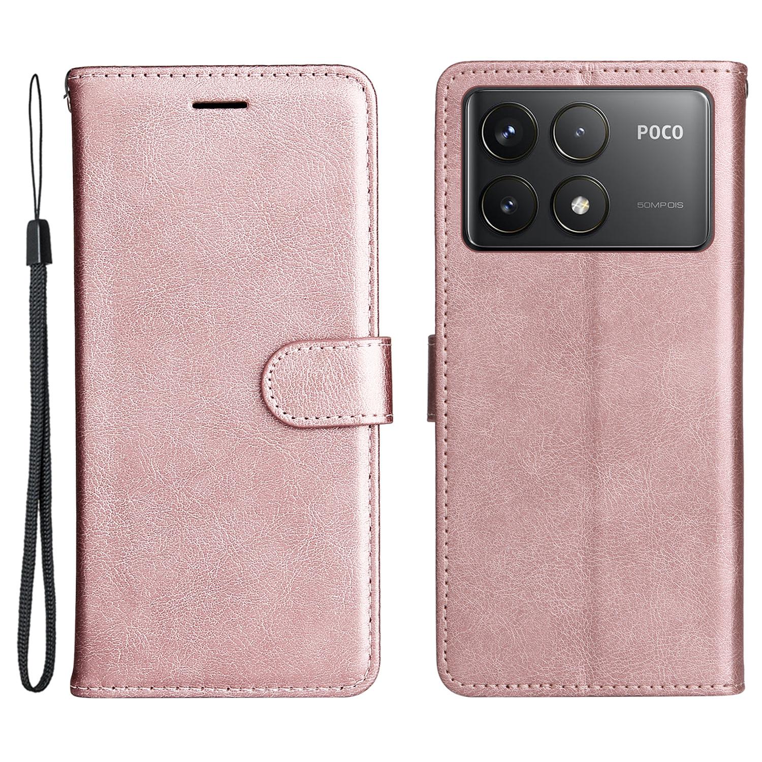 

For Xiaomi Redmi K70 5G/K70 Pro 5G/Poco F6 Pro 5G Case Solid Color Leather Mobile Cover Wallet Stand with Strap Rose Gold