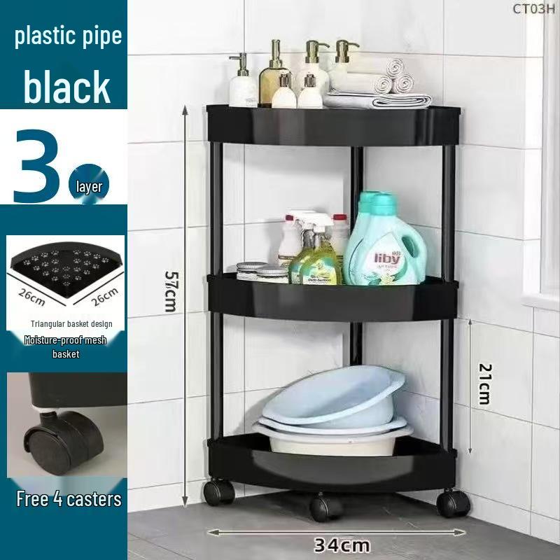 Compact Triangular Bathroom Storage Rack: Multi-Layer, Floor-Standing, Moveable Corner Organizer.