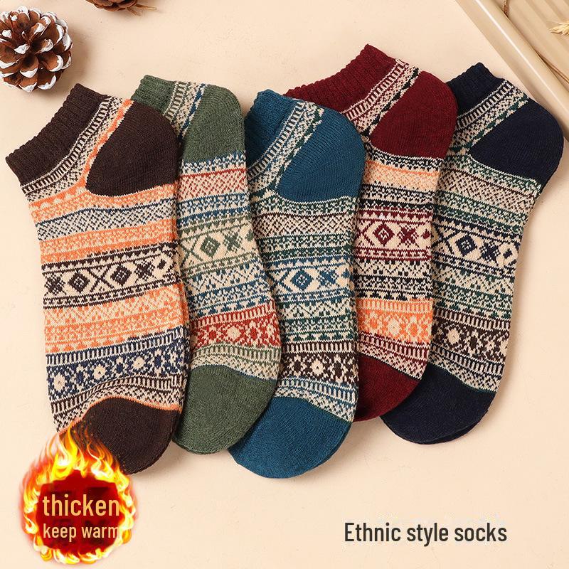 Șosete Groase Retro cu Totem Tribal pentru Bărbați - 5-10 Perechi, Tub Mediu, Călduroase pentru Toamnă/Iarnă.