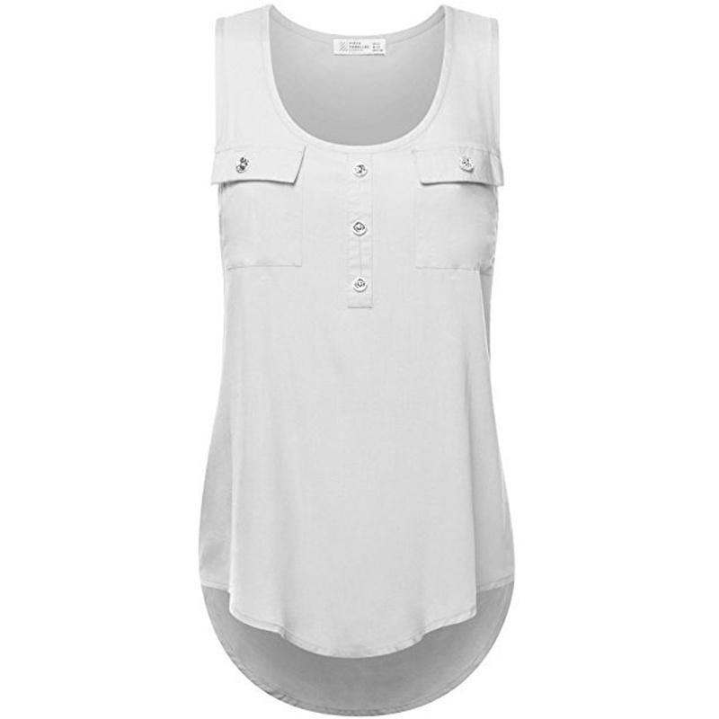 Elegant Women's Fashion Button Pocket Sleeveless Shirt With Sexy Irregular Hem Tank Tops