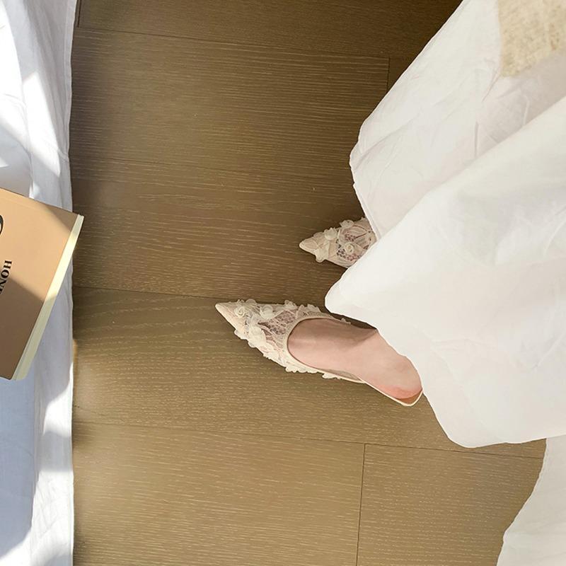 Ladies Flower Mesh Open Heel Sandals Shoes Sexy Designer High Heel Pointed Toe Stiletto Pumps Mules  Women Sandals