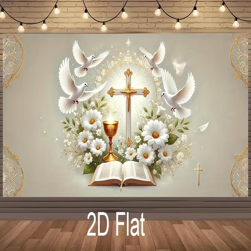 2D Baptism Cross & Bible Backdrop, 2D White Dove Communion Party Decor