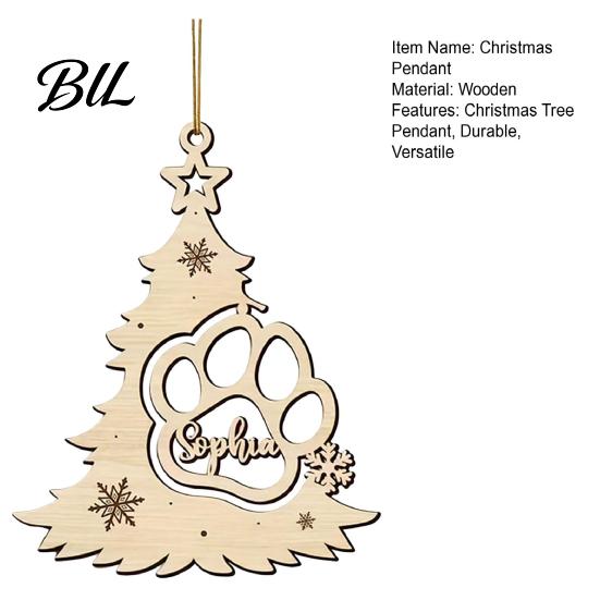 Rustic Pet Commemorative Gifts Wood Christmas Tree Pendant with Paw Print, Hollow Engraved Hanging Print Decorations Ornament, Style Craft for Holiday