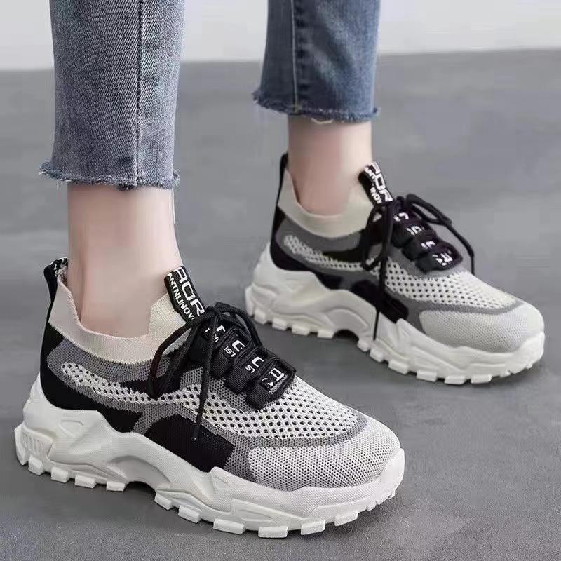 Women's  Patchwork Knit Chunky Sneakers Breathable Lace-up Platform Casual Shoes