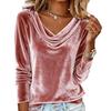 Women Tops Swing Collar Long Sleeve Velvety Fabric Solid Color Pullover Tops Golden Velvet Casual Blouse Office Date Wear