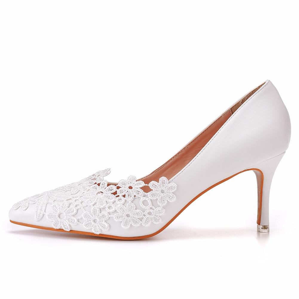 

Crystal Queen Women Wedding Shoes Large Handmade Lace White Bridal High Heels Bridesmaid Banquet Dress Pumps 43