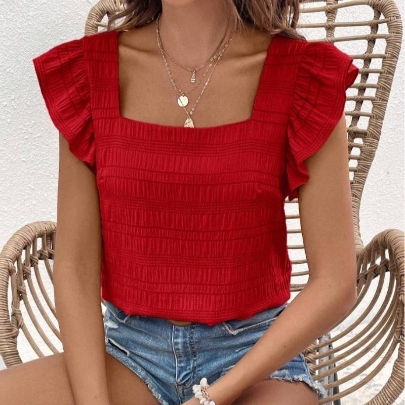 Spring and Summer New Square Neck Ruffled Women Shirt Tops Elegant Slim Fit Solid Flying Sleeve Blouse Women Loose Casual Shirts Female Clothing 26486