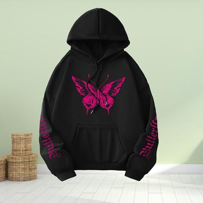 Womens Fashion Pink Butterfly Print Loose Hoodie Tops Blouse Sweatshirt Casual Long Sleeve Pullover Tops