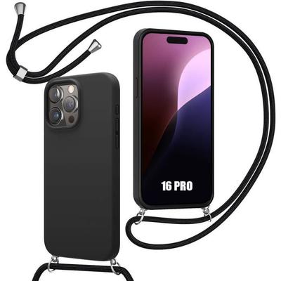 Case for iPhone 16 Pro - Black - Silicone - Shockproof Protection - Adjustable Lanyard - Lightweight