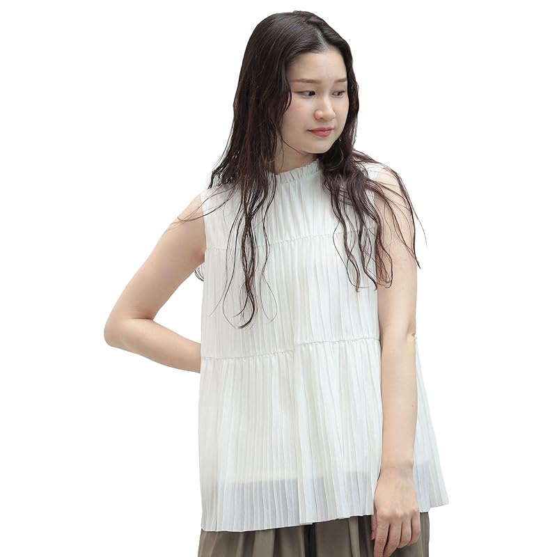 

[Beams Heart] S/S shirt high neck pleats blouse ladies OFF WHITE ONE SIZE