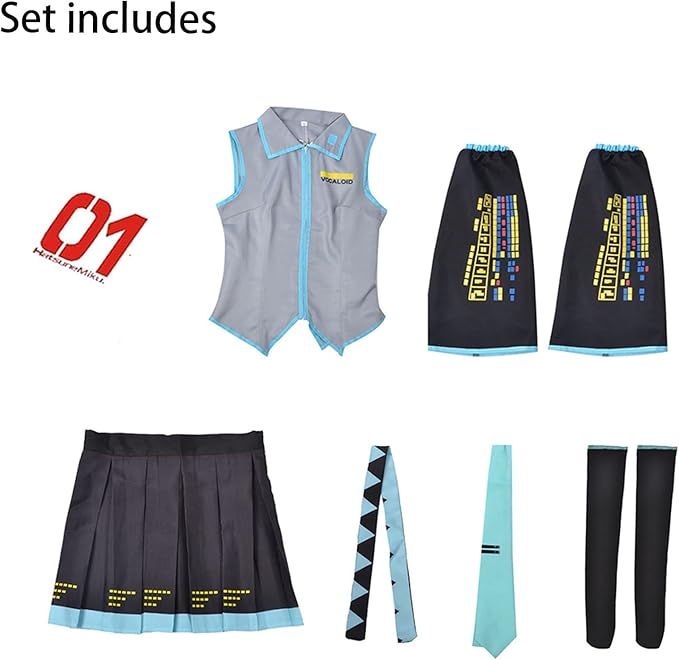 Costume Cosplay Perruque Queue de Cheval Verte Chanteuse Virtuelle Anime Uniforme de Jeu de Rôle Fille Fête Comic Con Tenues Hauts Jupe Accessoires XS（old）