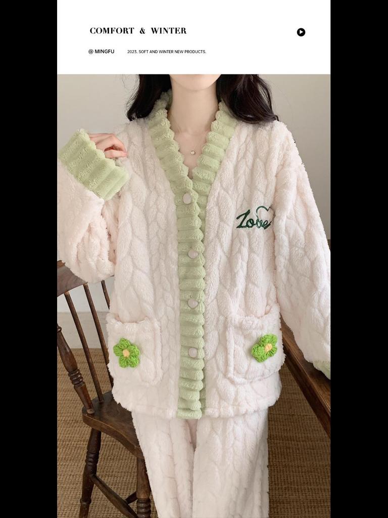 Women's Coral Fleece Pajamas - Warm, Thick, & Sweet Flannel for Fall/Winter, Wear Indoors/Outdoors