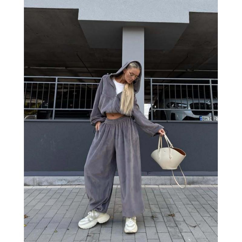 Womens Streetwear Casual 2-Piece Set Long Sleeve Zip-Up Knit Top Elastic Waist Wide Leg Pants
