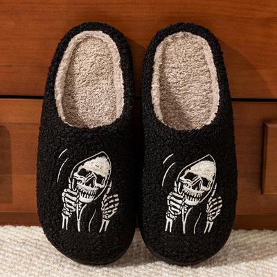 Winter Halloween Funny Skull Face Women Slippers Indoor Bedroom Warm Soft Comfy Slipper Concise Couple Fashion Flat Plush Shoes
