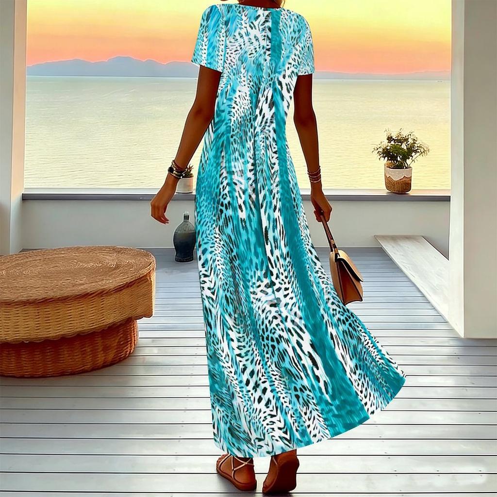 Women Plus Size V Neck Short Sleeve Maxi Dress Turquoise Vertical Leopard Print Loose Summer Vacation Long Dress