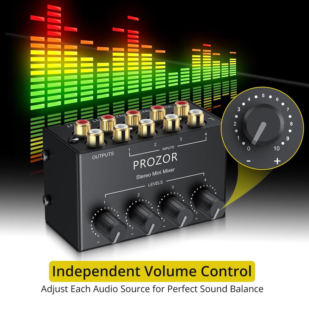 PROZOR Stereo Audio Mixer 4 Channel RCA Interface 4 Input 1 Output Mini Stereo Sound Mixer Passive Stereo Mixer Metal Shell Japanese Instruction