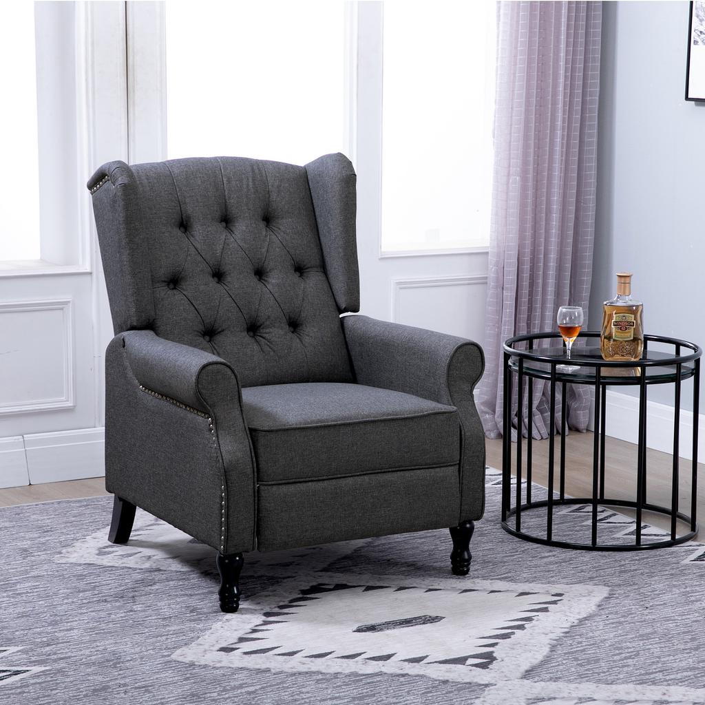 Recliner Armchair, Vintage Reclining Chair with Nail Head Trim, Wingback Chair with Button Tufted Back and Footrest, for Living Room, Dark Grey