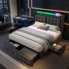180x200 Upholstered Bed Grey, Double Bed with LED Headboard, USB-C Charging, 4 Drawers Storage, Wood Slatted Frame, 300kg, Cotton, Without Mattress