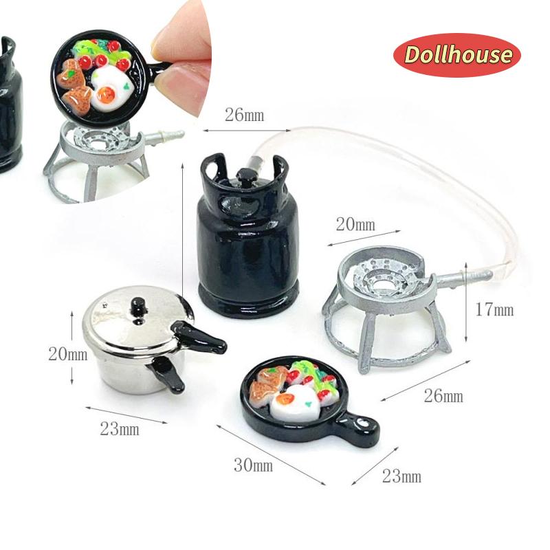 1/12 Dollhouse Kitchenware Set Mini Gas Stove Fried Egg Pressure Cooker Model Dolls House Kitchen Toys Kid Pretend Play Toy