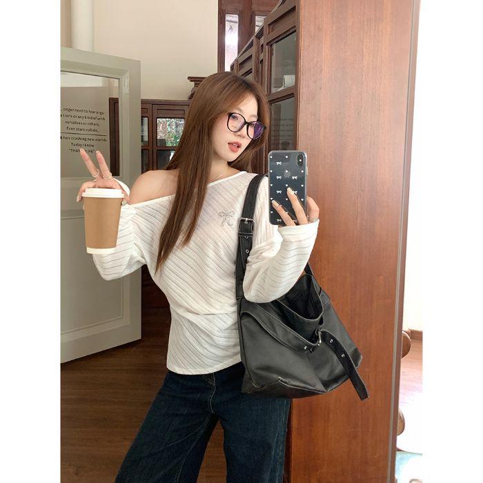 

Корейский шик футболка с открытыми плечами и длинными рукавами белого цвета для женщин S белый