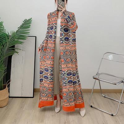 Pleated Retro Print Trench Coat: Women's High-End Loose Tie-Waist Spring & Autumn Muslim Robe Cardigan.