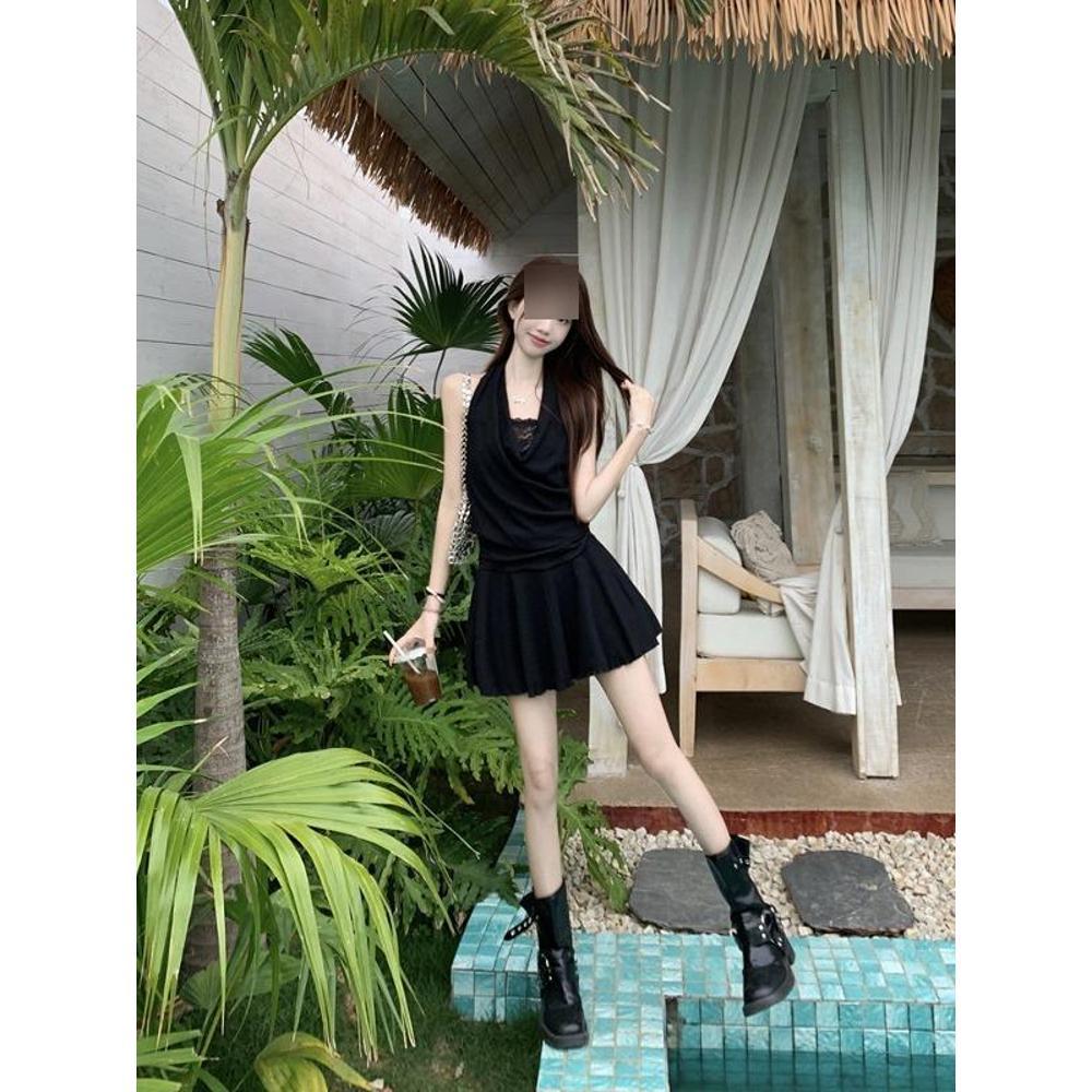 Neck Fake Two-piece Lace Dress for Women, Small Summer, Thin, Waist Swing Collar, Sexy Black Short Dress