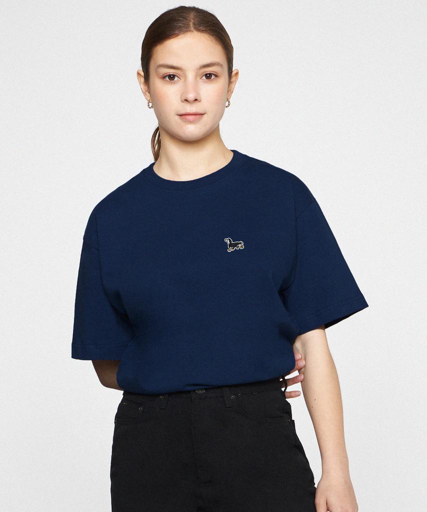 GRAVER [Unisex] Yellow Boots Puppy Embroidered Short Sleeve T-Shirt_Navy